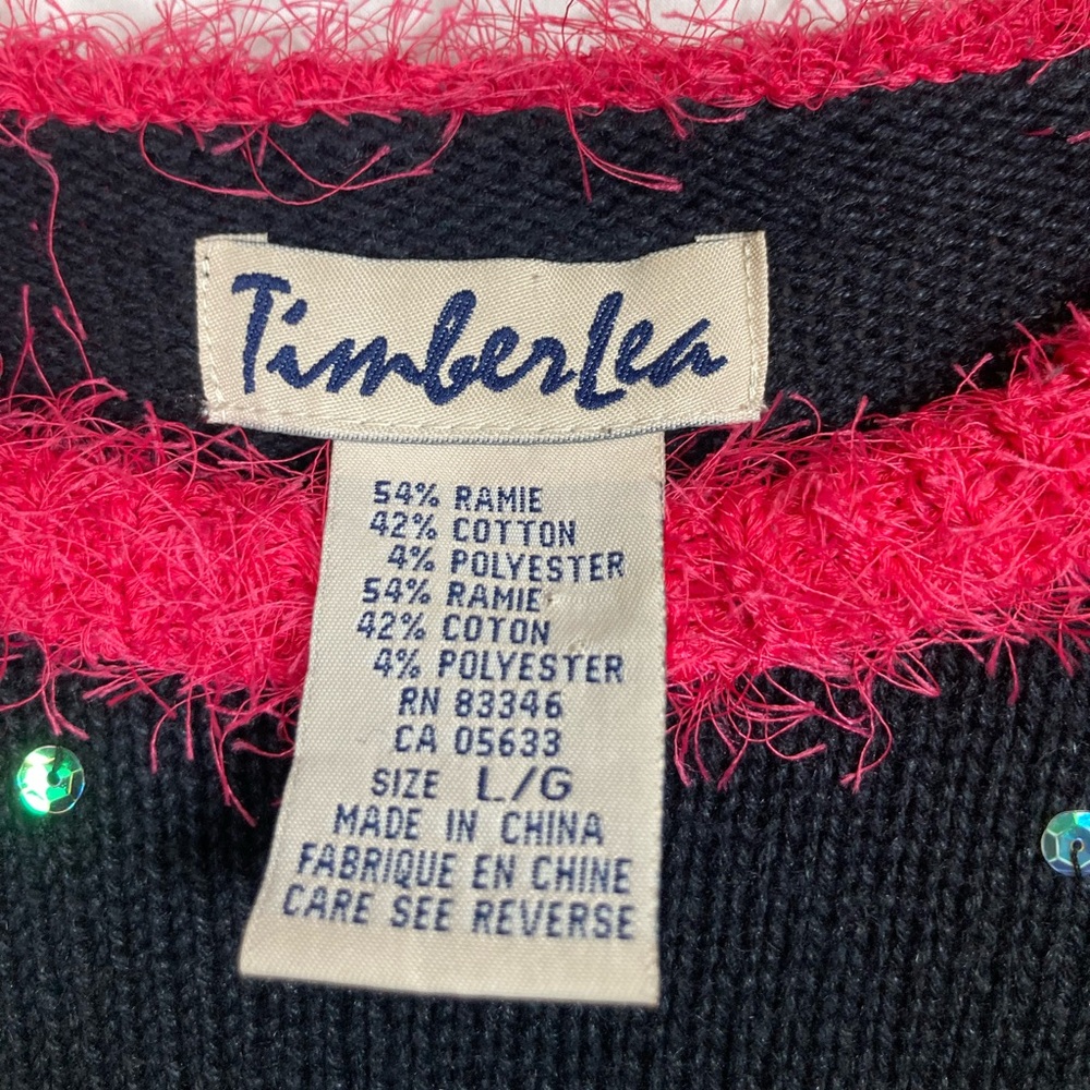 Vintage Timberlea Black Christmas Sweater with Bright Hot Pink Fuzzy Trim - Picture 3 of 13